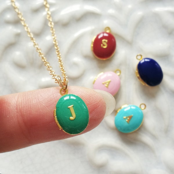 Gold Enamel Initial Locket Tiny Necklace: Personalized Jewelry