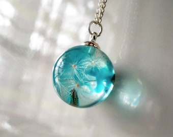 Blue Dandelion Necklace Silver plated Wishy Romantic Gift for her Mini Terrarium
