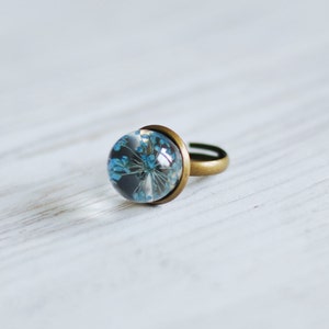 Blue Real Flower Ring Resin Orb Eco Jewelry Queen Anne's Lace Pressed Flower Terrarium Boho Ring image 4