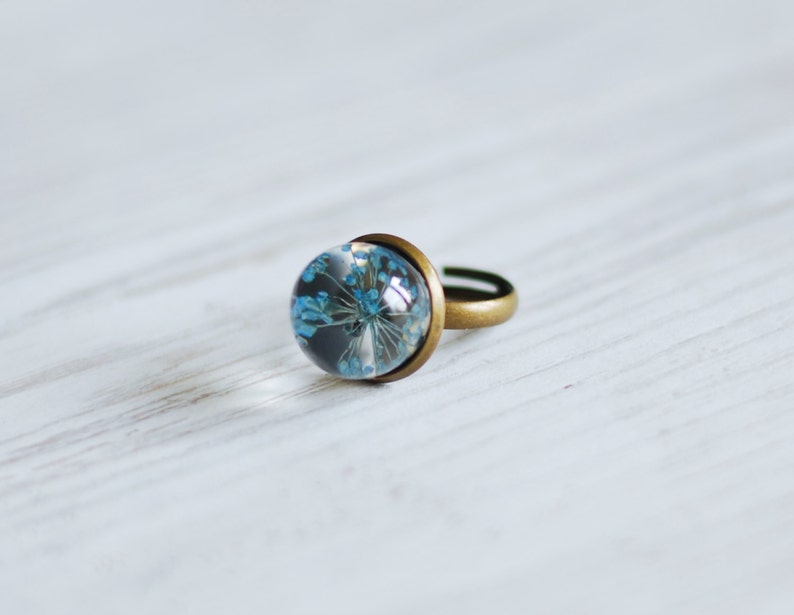 Blue Real Flower Ring Resin Orb Eco Jewelry Queen Anne's Lace Pressed Flower Terrarium Boho Ring image 4