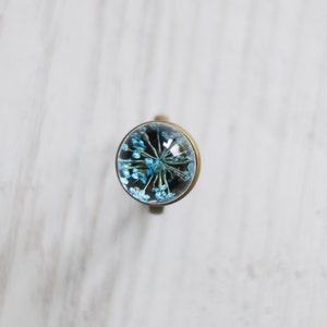 Blue Real Flower Ring Resin Orb Eco Jewelry Queen Anne's Lace Pressed Flower Terrarium Boho Ring image 3