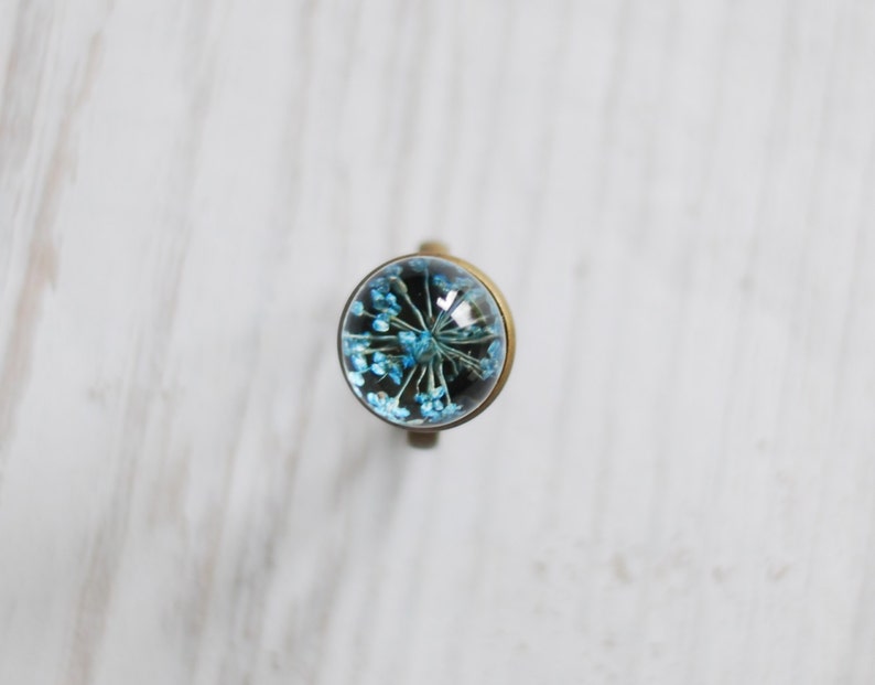 Blue Real Flower Ring Resin Orb Eco Jewelry Queen Anne's Lace Pressed Flower Terrarium Boho Ring image 3