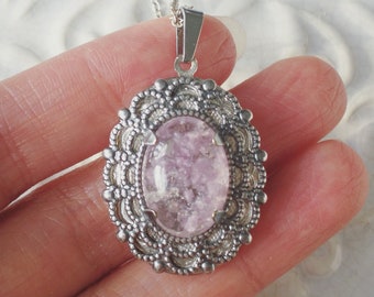Lepidolite Silver Locket Personalised Photo Medaillon Necklace Jewelry Vintage Victorian Style Power Stone Healing Gift For Her