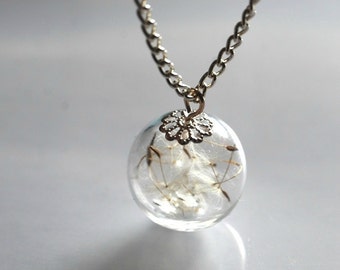 SALE - 20% SALE Löwenzahn Halskette Versilbert Kette Solid Eco Harz Machen Sie einen Wunsch Kugel Silber Halskette Botanische Globe Perlenarbeit