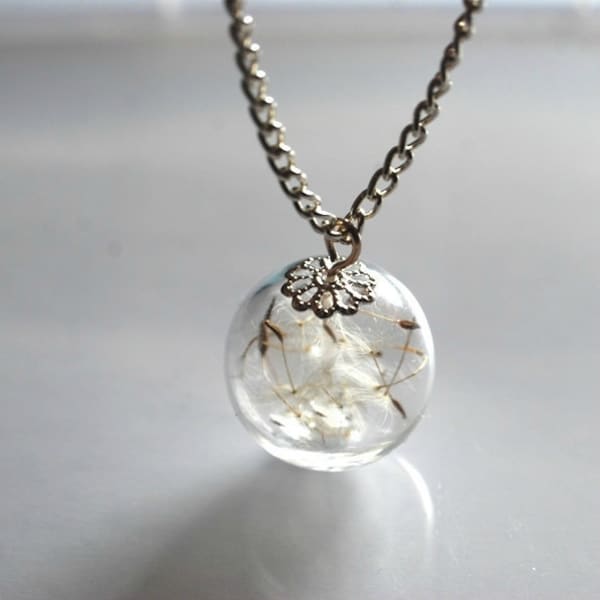 SALE - 20% OFF Dandelion Necklace Silver Plated Chain Solid Eco Resin Make A Wish Orb Silver Necklace Botanical Globe Beadwork