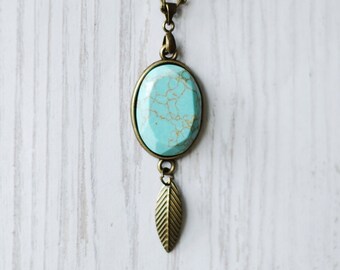 Turquoise Necklace Boho Vintage Style Festival Jewelry Antique Bronze Mint Green Pendant