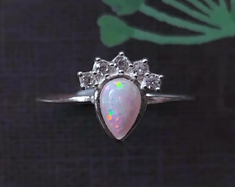 Sterling silver Opal Ring CZ Crown Stacking Skinny Minimalist Semi-precious stones