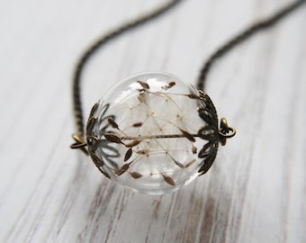 Sale - Löwenzahn-Halskette machen einen Wunsch-Glaskugel-Terrarium-Bronze-Halsketten-botanische Perlenarbeit