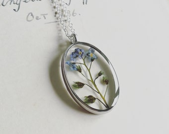 Forget Me Not Necklace Silver Resin Terrarium Pressed Real Flower Pendant Gift for Girlfriend Anniversary