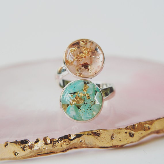 Amazonite Rose Quartz Ring: Raw Crystal Gemstone, Adjustable Silver Band