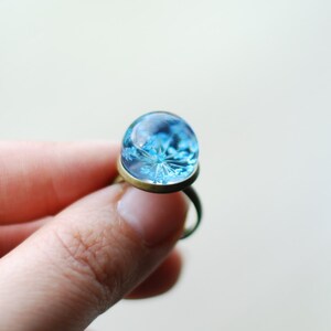 Blue Real Flower Ring Resin Orb Eco Jewelry Queen Anne's Lace Pressed Flower Terrarium Boho Ring image 2