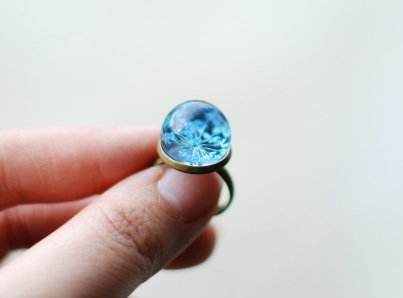 Blue Real Flower Ring Resin Orb Eco Jewelry Queen Anne's Lace Pressed Flower Terrarium Boho Ring image 2