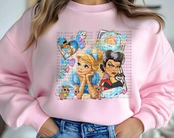 Op de afbeelding: Een roze sweatshirt met een grafische print van Assepoester, Prins Charming en Lady Tremaine uit de Disney-film Assepoester. De afbeelding bevat ook muizen en een hart.