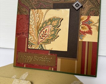 Handmade birthday card sage burgundy leaf theme