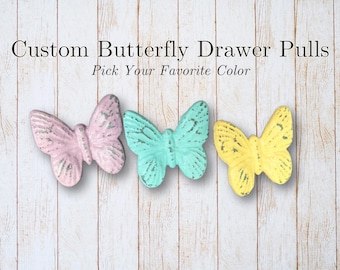 Custom Painted Cast Iron Butterfly Drawer Pull: Distressed Bedroom Knob