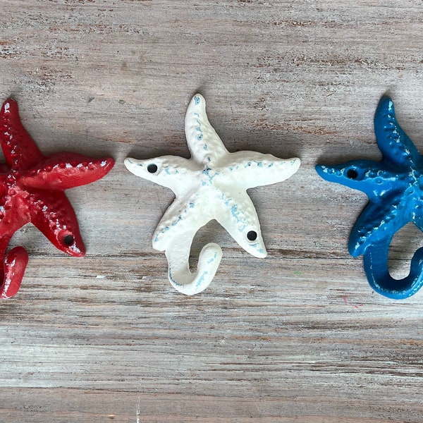 Starfish Cast Iron Hook with Blue Patina / Custom Painted Starfish Hook / Beach Decor / Decorative Hook