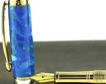 Handmade Conway Cerulean Blue Fountain Pen: Engravable 18K Gold Nib