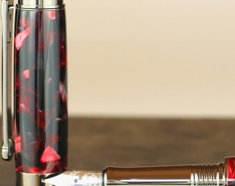 Handmade Erinoid Fountain Pen: Engravable Black and Red Impero Acrylic, Bock 23K Gold Nib