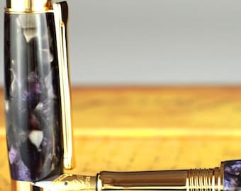 Fountain Pen - Engravable & Handmade Vintage English Erinoid Tourmaline Acrylic - Beaufort 23K Gold plated Bi-metal Size 5 Nib