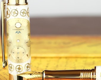 Pluma estilográfica Steampunk hecha a mano - Piezas de reloj Longines doradas Cuerpo - Bock chapado en oro de 23 quilates Plumín tamaño 5