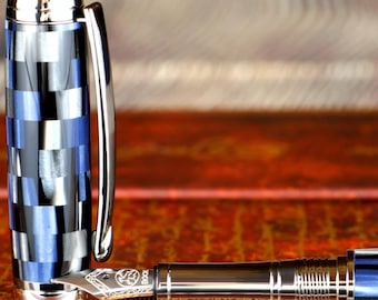 Fountain Pen - Engravable & Handmade Mosaic Black and Blue Acrylic - Bock Stainless Steel Size 5 Nib