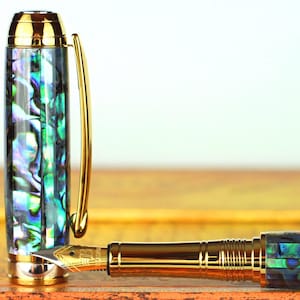 Fountain Pen - Handmade Natural Paua Abalone Body - Beaufort 23K Gold plated Size 5 Bi-metal Nib