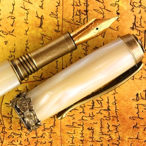 Fountain Pen - Engravable & Handmade Victorian Botanical Ivory Pearl Acrylic - Jowo 14K Solid Gold Size 6 Flex Nib