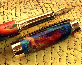Fountain Pen - Engravable Handmade Rainbow Diamond Cast with real tiny Diamonds - Bock 18K Solid Gold Size 5 Nib