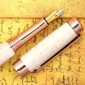 Rose Gold Fountain Pen - Handmade Juma Ivory Snake Skin Acrylic - Beaufort 23K Gold Plated Size 5 Nib