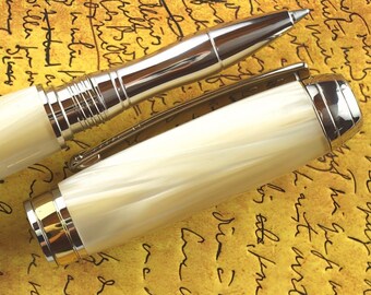 Rollerball Pen - Handmade & Engravable Ivory Pearl Body with Rhodium plated parts and polished gold accents