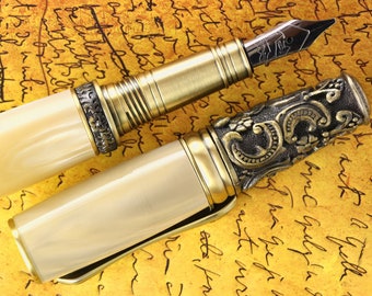 Victorian Calligraphy Fountain Pen - Handmade & Engravable Ivory Pearl - Bock 1.1mm Size 5 Stainless Steel Stub Calligraphy Nib