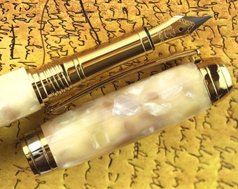 Fountain Pen - Engravable Handmade Vintage Conway Ivory Opal Acrylic - Beaufort 23K Gold plated Bi-metal Size 5 Nib