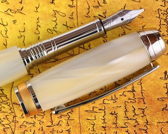 Calligraphy Fountain Pen - Handmade Kirinite Ivory Pearl Body - Bock 1.1mm Stainless Steel Stub Calligraphy Nib