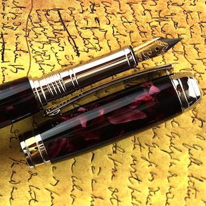 Fountain Pen - Handmade & Engravable British Vintage Conway Classic Dark Claret Red Body- Beaufort 23K Gold plated Bi-metal Size 5 Nib