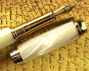 Fountain Pen - Handmade & Engravable Ivory Pearl Body - Beaufort  Nib 23K Gold plated Bi-metal Size 5 Nib