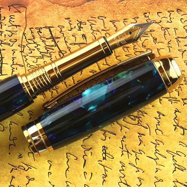 Fountain pen - Engravable & Handmade Vintage Italian Mazzucchelli Sogno Zaffiro Ceblox - Beaufort 23K Gold Plated Bi-metal Size 5 Medium Nib