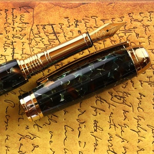 Fountain Pen - Handmade Engravable Vintage British Handmade Conway Stewart Pistachio Acrylic - Bock 18K Solid Gold Size 5 Nib