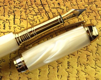 Fountain Pen - Engravable & Handmade Ivory Pearl Acrylic - Beaufort  Nib 23K Gold plated Size 5 Bi-metal Nib