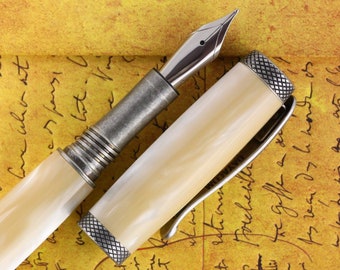 Fountain Pen - Engravable & Handmade Ivory Pearl Acrylic with Antique Silver Art Deco parts - Jowo Stainless Steel Size 6 Nib