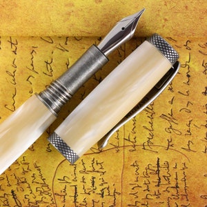 Fountain Pen - Engravable & Handmade Ivory Pearl Acrylic with Antique Silver Art Deco parts - Jowo Stainless Steel Size 6 Nib