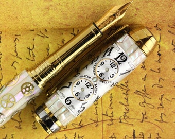 Pluma estilográfica Steampunk hecha a mano - Cuerpo de abulón y piezas de reloj - Bock chapado en oro de 23 quilates, plumín tamaño 5