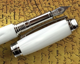 Fountain Pen - Engravable & Handmade Pearl Wedding White Acrylic - Bock Stainless Steel Size 5 Nib