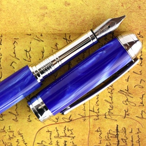 Calligraphy Fountain Pen - Engravable & Handmade Pearl Blue Body - Bock 1.1mm Stainless Steel Size 5 Stub Calligraphy Nib