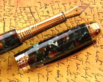 Fountain Pen - Engravable & Handmade Vintage English Conway Pistachio Acrylic - Beaufort 23K Gold Plated Nib Bi-metal Size 5 Nib