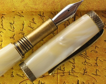 Fountain Pen - Engravable & Handmade Ivory Pearl Acrylic with Antique Bronze Art Deco parts  - Jowo Stainless Steel Size 6 Nib