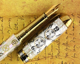 Pluma estilográfica Steampunk Watch Parts - Abalone & Watch Parts - Bock 18K Solid Gold Tamaño 5 Nib