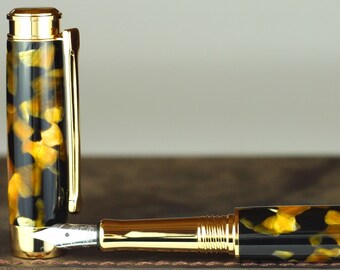 Calligraphy Fountain Pen - Handmade & Engravable Vintage Conway Honey Noire Acrylic - Bock 1.1mm Stainless Steel Size 5 Stub Calligraphy Nib