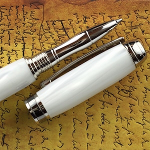 Rollerball Pen - Engravable & Handmade Wedding White Pearl Acrylic - Rhodium with black titanium accents