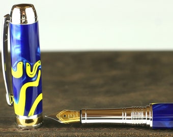 Fountain Pen - Handmade & Engravable Royal Blue and Yellow Swirl - Beaufort 23k Gold plated Bi-metal Size 5 Nib