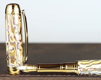 Fountain Pen - Engravable & Handmade White Paua Abalone Acrylic - Beaufort 23K Gold plated Bi-metal Size 5 Nib